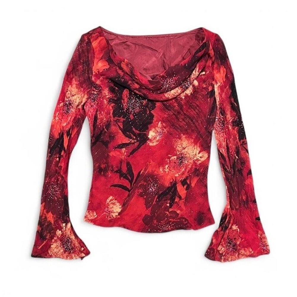 Vintage 100% Silk Red Floral Fairy Euro Top Beaded Bell Sleeves Women’s Small - Picture 2 of 8
